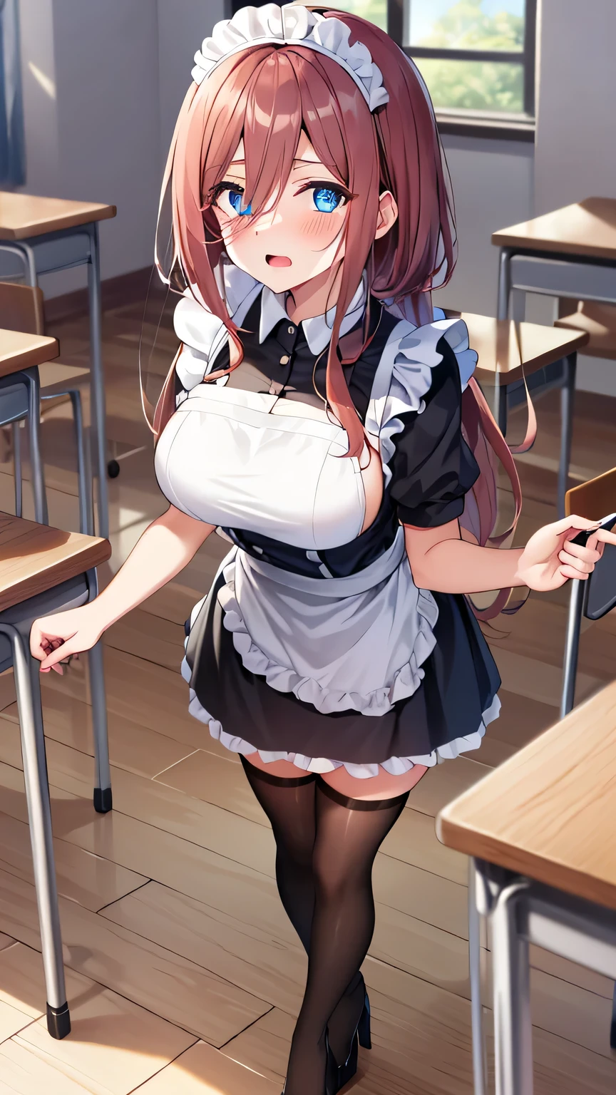 {{{masterpiece}}}, {{{best quality}}}, {{ultra-detailed}}, {illustration}, {{an extremely delicate and beautiful}}, (beautiful detailed eyes:1.6), extremely detailed face, 16k, anime face, Nakano Miku(Gotoubun no Hanayome), cute face, long hair, bangs, blue eyes, brown hair, hair between eyes, large breasts, thin waist, big hips, curvaceous, BREAK, maid, ((black maid outfit, short sleeve, short skirt, white apron, headdress, high heels )), thighs, zettai ryouiki, standing, open mouth, embarrassed, flushed cheeks, indoor, daytime, in the classroom, Looks embarrassing