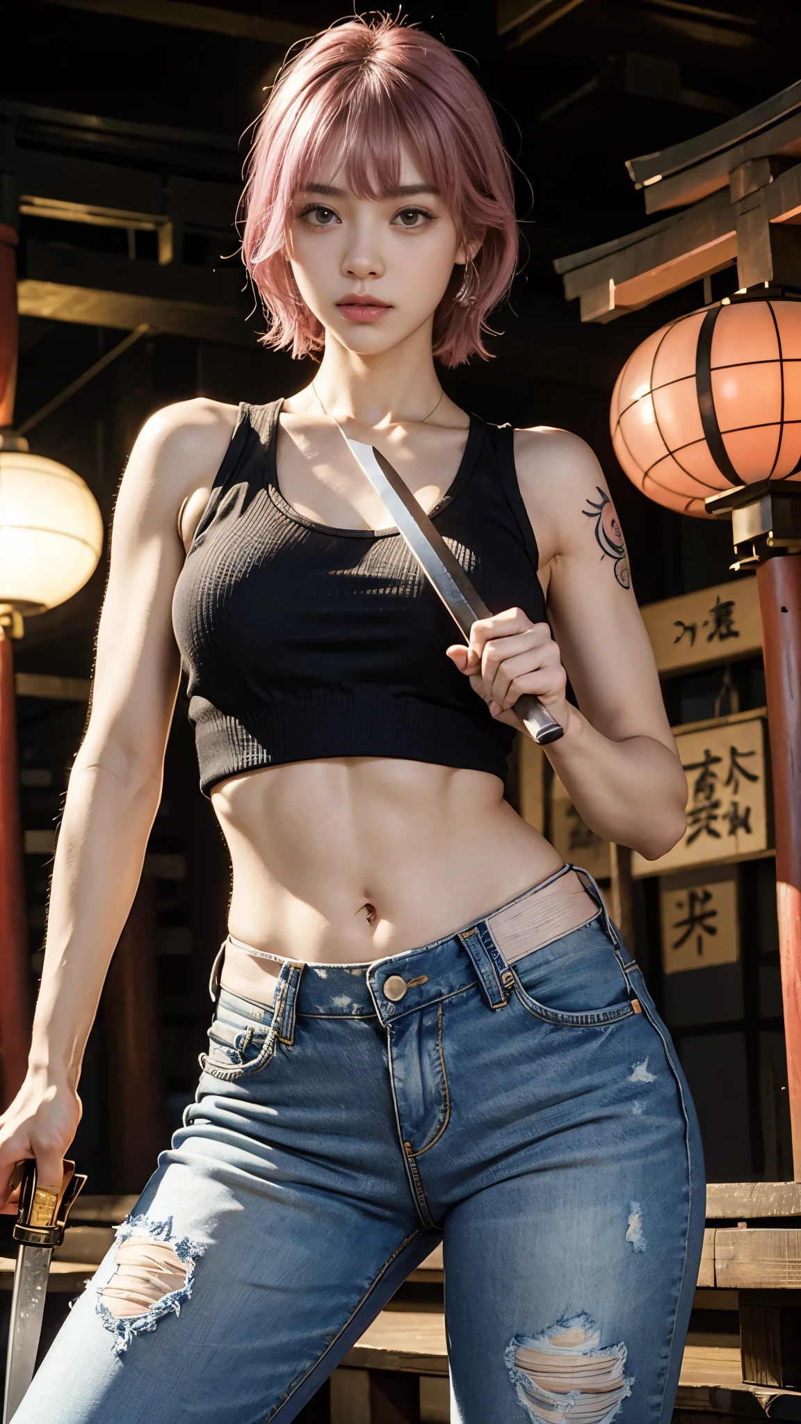 Cute Japanese woman, (16 years old), (very cute face: 1.3), red lips, white moist skin, moles, melancholy expression,
BREAK,
Female fitness model body, hard-toned feminine body, (muscles: 1.2), (beautiful belly button),
BREAK,
Martial artist, kung fu fighter, idol,
BREAK,
(oversized jeans: 1.3), (tank top), (sneakers), very large earrings, short length,
BREAK,
Short hair, (short bob hair), (bangs: 1.2), (pink hair: 1.3), (wavy hair),
BREAK,
(very large Japanese sword: 1.4), (holding the handle of a Japanese sword in hand: 1.3), (fighting: 1.2), (taking a fighting stance), (beautiful Japanese sword blade: 1.2)
BREAK,
(Japanese tattoo: 1.4),
BREAK,
Masterpiece, perfect lighting, ultra-high resolution, 8K, (Highly detailed:1.4), (front view), looking at camera,
BREAK,
(Tokyo Tower:1.2), background of Tokyo Tower in Japan, (neon lights:1.2)