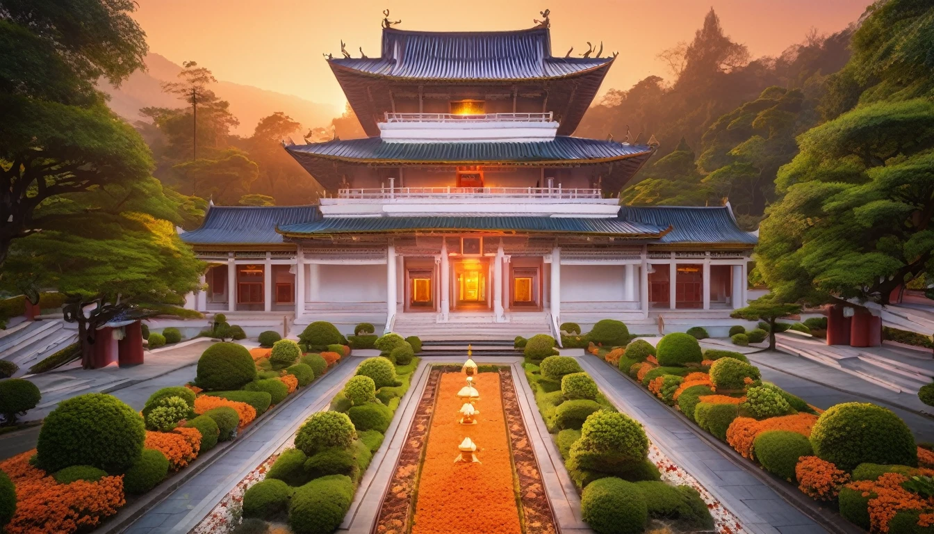 An ornate white Buddhist temple, glowing with interior light, sits nestled in the center of a manicured courtyard. Multiple spires, each ringed with light, reach for the vibrant orange sky of sunset. A few people gather on the steps of the temple, dwarfed by its size. A wide path, flanked by decorative shrubs, leads to the temple entrance from the bottom of the image. The whole scene is captured from above, highlighting the temple's symmetrical design. The sunset provides a dramatic backdrop to this serene and spiritual scene.