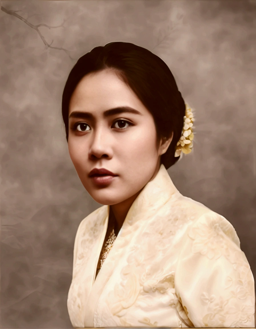 there is a woman in a white dress posing for a picture, traditional portrait, color portrait, detailed color portrait