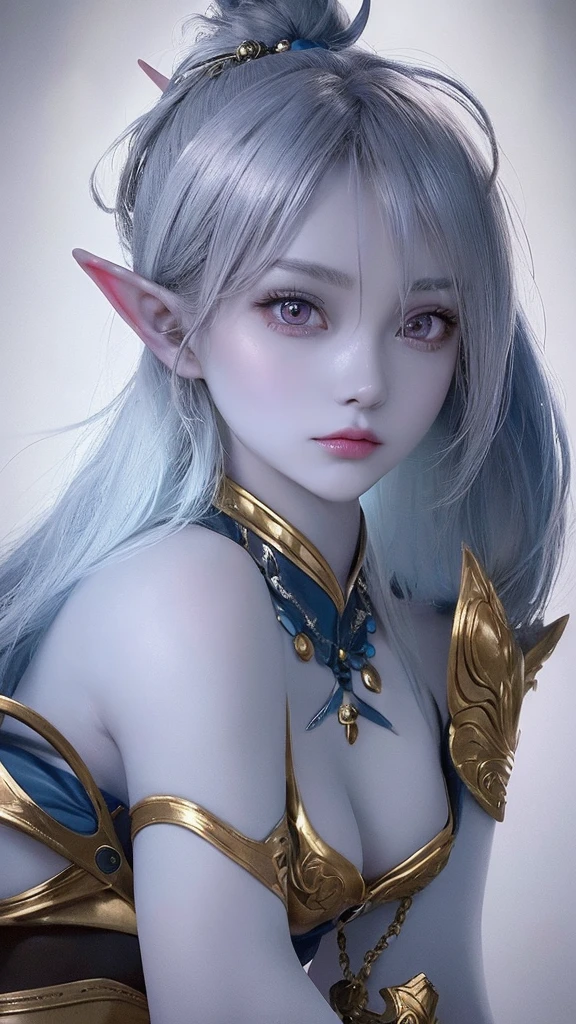 a blue-skinned elf girl with blue-grey hair tied up in a high ponytail, extremely detailed eyes,beautiful detailed purple eyes, beautiful detailed lips, wearing leather armor, action pose, fantasy, fantasy character, high quality, 8k, ultra-detailed, photorealistic, photo-realisti c, physically-based rendering,vivid colors, dramatic lighting. Small bust