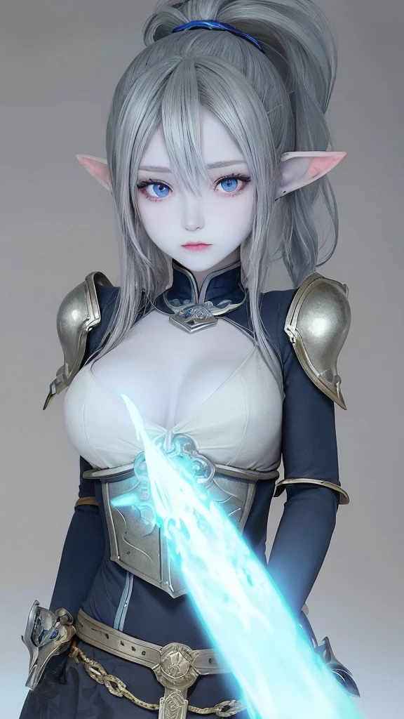 a blue-skinned elf girl with blue-grey hair tied up in a high ponytail, extremely detailed eyes,beautiful detailed purple eyes, beautiful detailed lips, wearing leather armor, action pose, fantasy, fantasy character, high quality, 8k, ultra-detailed, photorealistic, photo-realisti c, physically-based rendering,vivid colors, dramatic lighting. Small bust