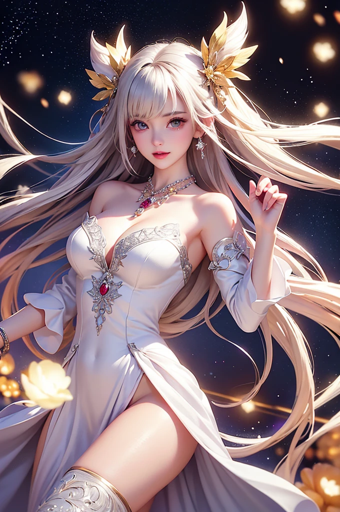 (masterpiece:1.5, Highest quality, Very detailed、 Dutch Angle、Semi-realistic、Fantasy)(One Girl, alone)(White and beautiful hair:1.6,,Straight Long Hair)(White based dress、Fantasyの衣装)、((Off the shoulder、Mid-chest、ruby necklace))(Beautiful cleavage、Legs wrapped in tights)(Beautiful starry sky、Mystical Night、Particles of light float around the woman、Fantasy space) Waiting to start