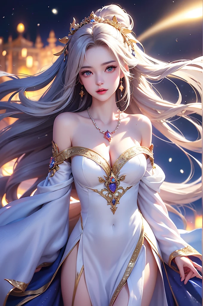 (masterpiece:1.5, Highest quality, Very detailed、 Dutch Angle、Semi-realistic、Fantasy)(One Girl, alone)(White and beautiful hair:1.6,,Straight Long Hair)(White based dress、Fantasyの衣装)、((Off the shoulder、Mid-chest、ruby ​​necklace))(Beautiful cleavage、Legs wrapped in tights)(Beautiful starry sky、Mystical Night、Particles of light float around the woman、Fantasy space) Waiting to start
