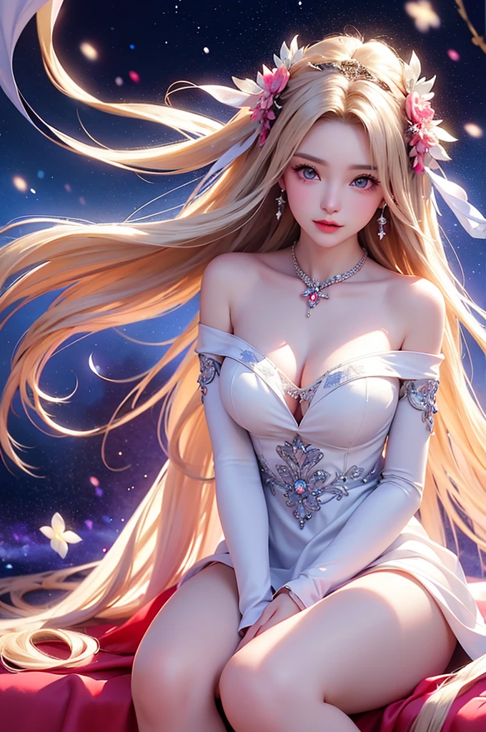 (masterpiece:1.5, Highest quality, Very detailed、 Dutch Angle、Semi-realistic、Fantasy)(One Girl, alone)(White and beautiful hair:1.6,,Straight Long Hair)(White based dress、Fantasyの衣装)、((Off the shoulder、Mid-chest、ruby necklace))(Beautiful cleavage、Legs wrapped in tights)(Beautiful starry sky、Mystical Night、Particles of light float around the woman、Fantasy space) Waiting to start