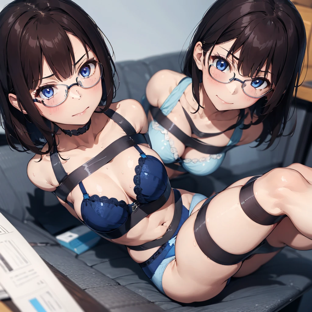 1girl, seductive eyes, blush, cute, blue eyes, brown hair, glasses, mouth taped, wearing blue bra, wearing blue panties, no pants, arms tied on back, legs spread and taped, bondage, bdsm, best quality, masterpiece, highres