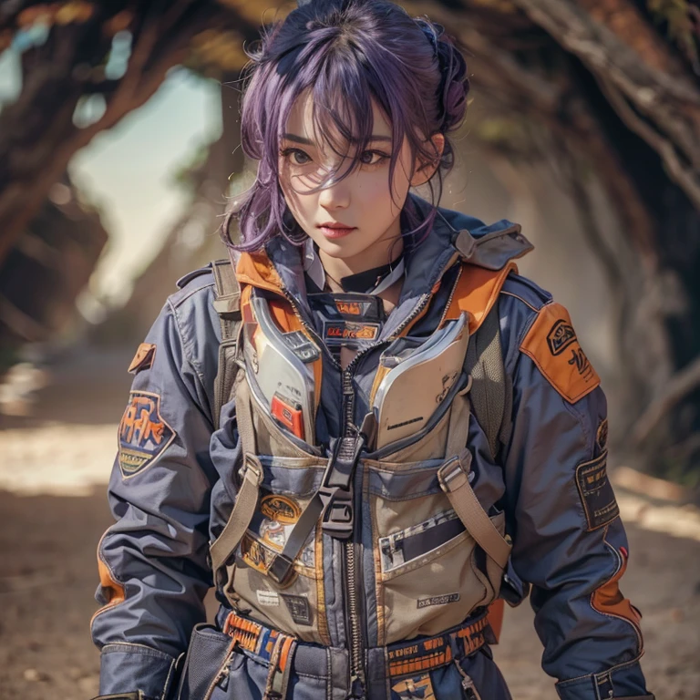 ((Vivid Photo Results & Detailed face)) (((Fabric Shading))), (((Highest quality))), (((masterpiece))), (((Ultra-realistic photos))) Movie Scenes, Cinematic, Shooting dramatic shadows with backlighting, Full Body Profile, Cheeky Japanese Girl, Short spiky purple hair, His pale skin and faded, Dirty orange aviator jumpsuit., White Victoria'the secret of`Bra with lace, Shown inside the open zipper, Abdominal ring is visible, Sweaty body, Cool pose with helmet on,Dirty Face & Dusty clothes scattered across the vast desert, In front of an X-wing fighter, 8K high resolution
