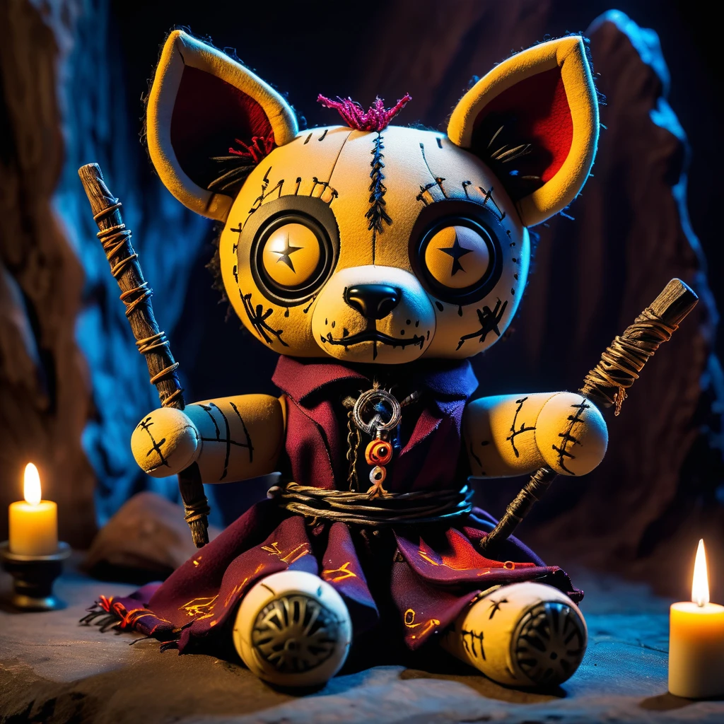 (knitted toy voodoo doll:1.7), (Voodoo Hyena Sorcerer:1.3), (Clothing: tattered sorcerer's robes with dark symbols:1.0), (Accessories: enchanted staff with glowing crystal, sinister spellbook:1.2), (background: dark cave with floating, glowing spectral lights and eerie shadows:1.2), best quality, masterpiece, detailed soft oil painting, detailed background, dramatic cinematic lighting, soft edge lighting, professional, dramatic lighting, hard edge lighting, ultra quality, 4k, masterpiece, best quality, 8k, ultra high definition, high resolution, extremely detailed