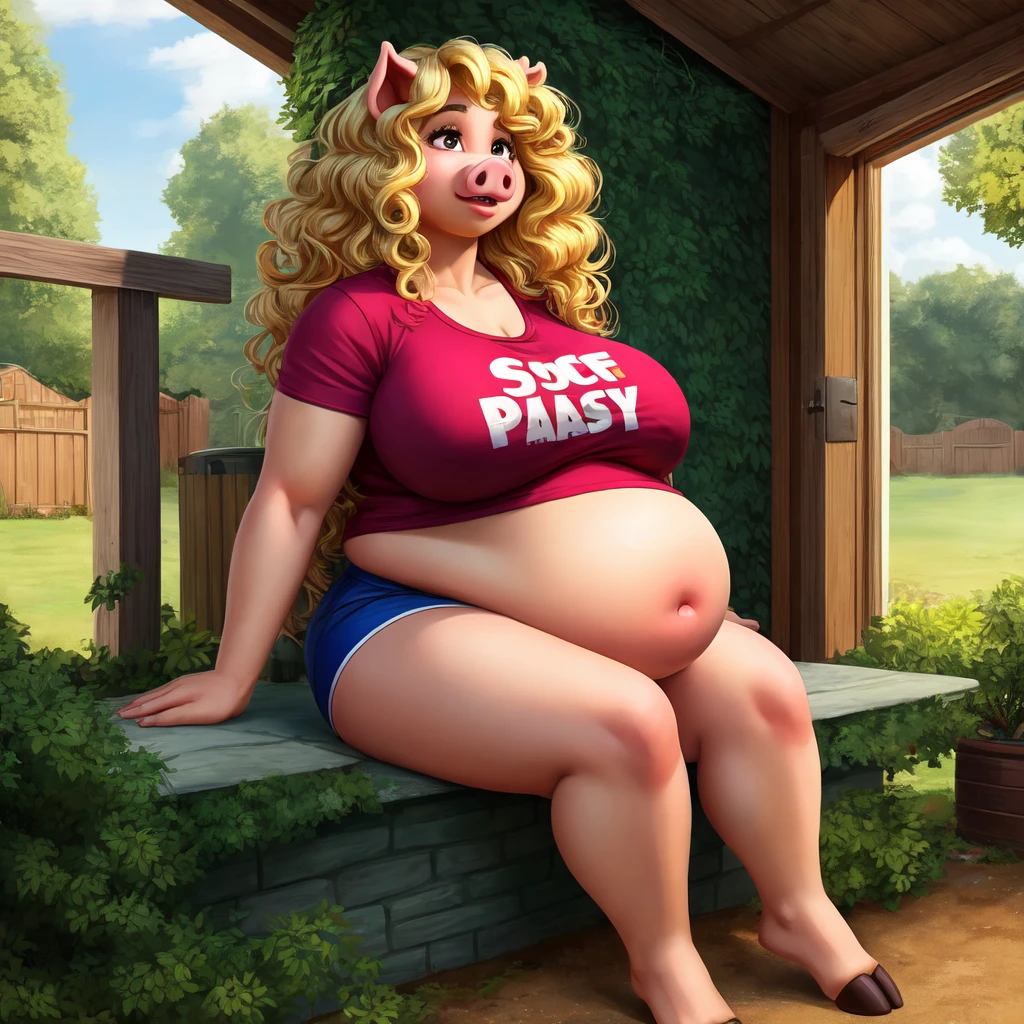 ((Best quality)), ((masterpiece)), (detailed), pig, pig girl, furry pig, big body, большой body, is sitting, smooth belly, shorts, серые shorts, T-shirt, View from afar, long hair, blonde hair, Beautiful face, skinny face, age 45, voluminous hair , curly hair, pig furry, Only 1 character, надутый belly, very big body, fat body, bloated body, pumped body, body looks like an inflated ball, backyard of the house, round belly, smooth belly, pump, belly is round, Navel, Long legs , однотонная T-shirt, Hands down, scared look, hooves on the legs, very beautiful, very afraid