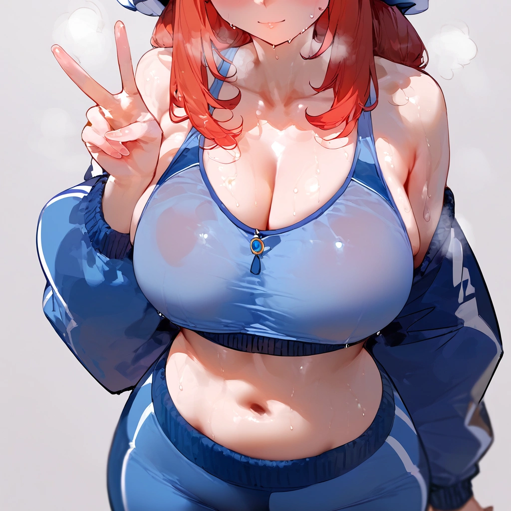 score_9, score_8_up, score_7_up, score_6_up, score_5_up, score_4_up, 1girl, nilou (genshin_impact), genshin_impact,  red hair, large breasts, collarbone, breasts focus, floox style, \\\\\  jacket,, open clothes, blue jacket, blue track suit,, sportswear, standing, track jacket, blue track pants, track suit, \\\\\ steam, steaming body, sweat,, rating_explicit, high resolution, deep breath, head out of frame, grey background, solo, wet tank top, V, long hair, cute