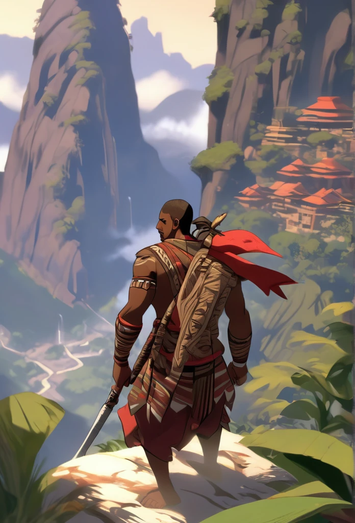 Ultra Realistic, Highly Defined Details, Jungle Tribal Village In The Foreground, Shadowy Distant Back Drop, Rainforest Sensory, Mellow Color Shading Capturing the Mode, Young Adult African Male Villager, Bent Over Climbing, Valley Below, Climbing With Boath Hands, Piercing Gaze, Serious Sharp Facial Features, Fit Athletic Muscular Physique, Bone Mail Armor, Peaces of tribal decorations tied to armbands, Bone chest plate armor, Lightly armored belt buckle dagger in a sheath, Bone carved Hilt, Long Curved Sword, wrapped in crimson decorated cloth Worn On the Back, Dark Torn Crimson Cloak, Distant Shot Full Body View, Climy, Windy Sean Leaves Blowing, Scaling a Clif, Climbing With Hands, Snowy Mountain Peaks, Windy Snow, On Hands and Knees Climbing