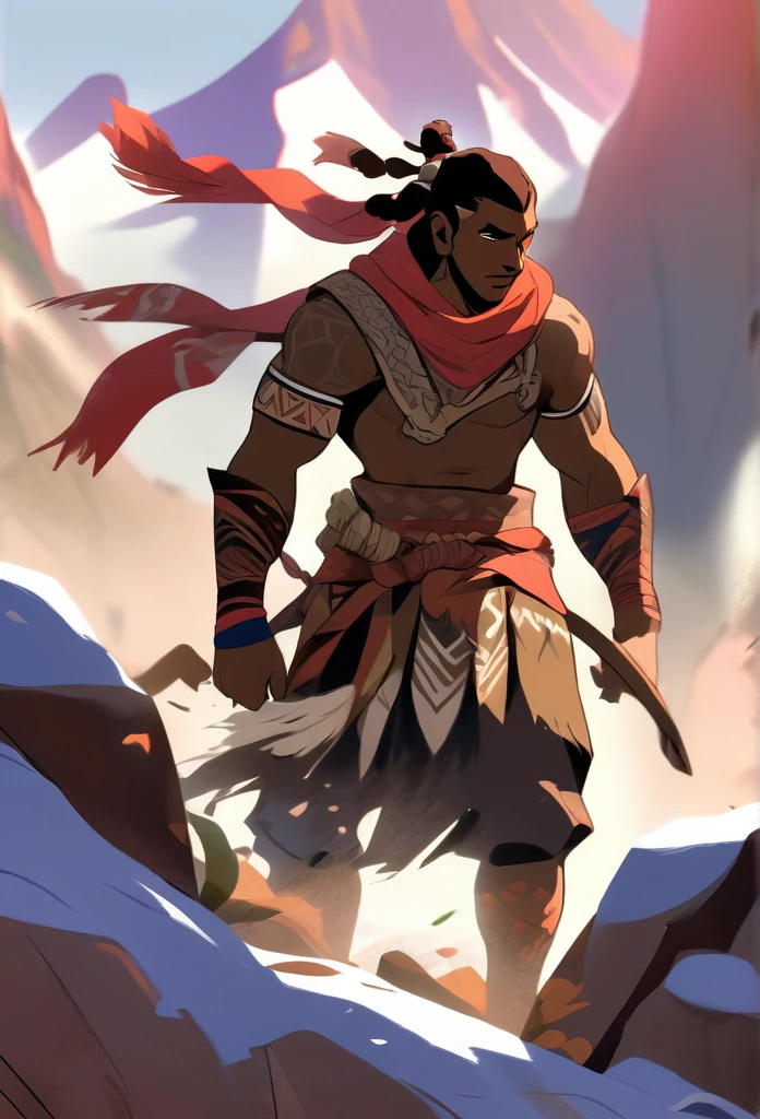 Ultra Realistic, Highly Defined Details, Jungle Tribal Village In The Foreground, Shadowy Distant Back Drop, Rainforest Sensory, Mellow Color Shading Capturing the Mode, Young Adult African Male Villager, Bent Over Climbing, Valley Below, Climbing With Boath Hands, Piercing Gaze, Serious Sharp Facial Features, Fit Athletic Muscular Physique, Bone Mail Armor, Peaces of tribal decorations tied to armbands, Bone chest plate armor, Lightly armored belt buckle dagger in a sheath, Bone carved Hilt, Long Curved Sword, wrapped in crimson decorated cloth Worn On the Back, Dark Torn Crimson Cloak, Distant Shot Full Body View, Climy, Windy Sean Leaves Blowing, Scaling a Clif, Climbing With Hands, Snowy Mountain Peaks, Windy Snow, On Hands and Knees Climbing