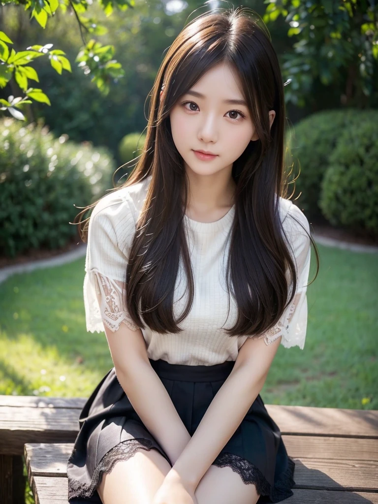 Outdoor、Mid-length skirt 、Tops with lace、(Highest quality)、((Very detailed))、4K、(8k)、masterpiece、Very detailedな、Highest quality、Super Resolution、1 person、Kind Face、Soft Light、RAW quality、Soft Skin、163cm、28 years old、Thighs