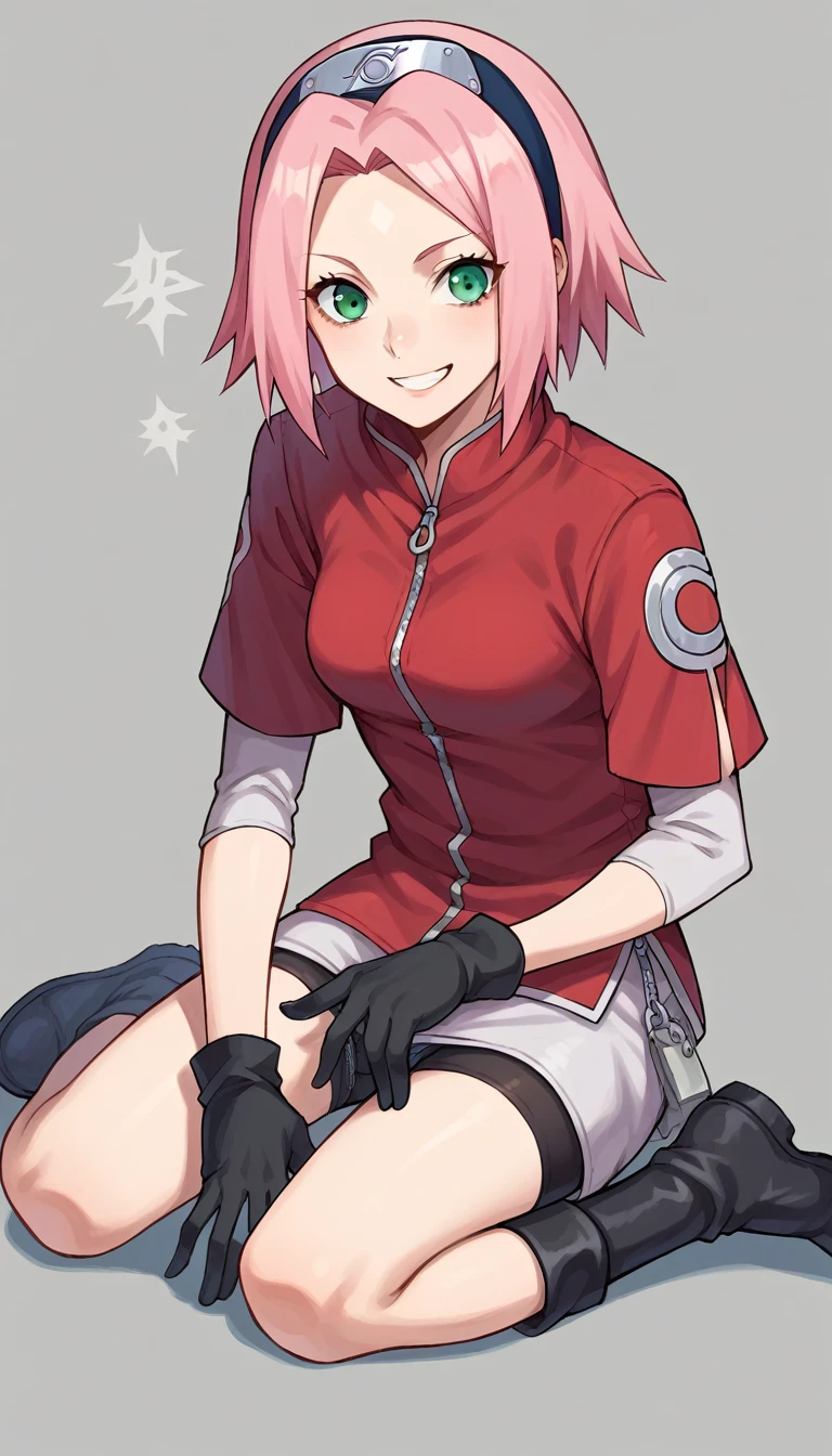 score_9, score_8_superior, score_7_superior, sauce_anime,
Sakura Haruno, Haruno sakura, short hair, Green Eyes, Pink Hair, Parted bangs, hair band, Forehead protector, smile,
gloves, Green Eyes, No sleeve, black gloves, Red Shirt, zipper, Forehead protector, Symbol of Konohagakure, boots, Bike Shorts, zipper, Closed-toe footwear,
