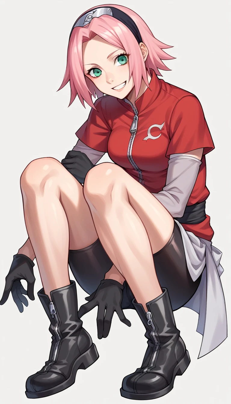 score_9, score_8_superior, score_7_superior, sauce_anime,
Sakura Haruno, Haruno sakura, short hair, Green Eyes, Pink Hair, Parted bangs, hair band, Forehead protector, smile,
gloves, Green Eyes, No sleeve, black gloves, Red Shirt, zipper, Forehead protector, Symbol of Konohagakure, boots, Bike Shorts, zipper, Closed-toe footwear,
