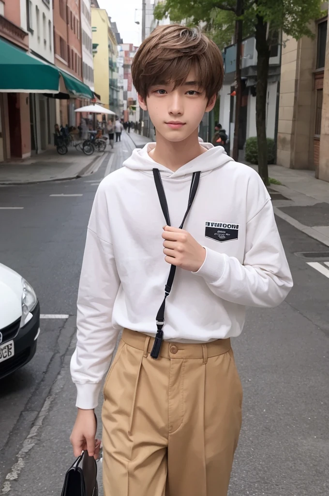 A 17-year-old boy, 153cm tall, slim, with light brown hair.