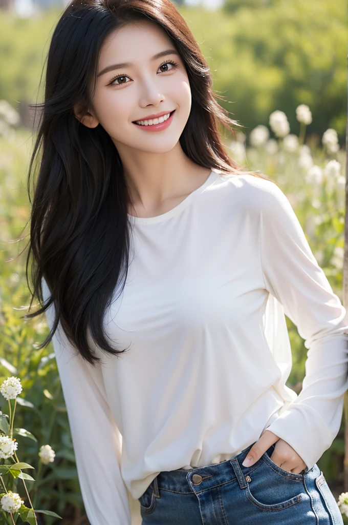 Lady smiling brightly in the field,Simple and neat clothes,Black hair and black eyes,Perfect face,