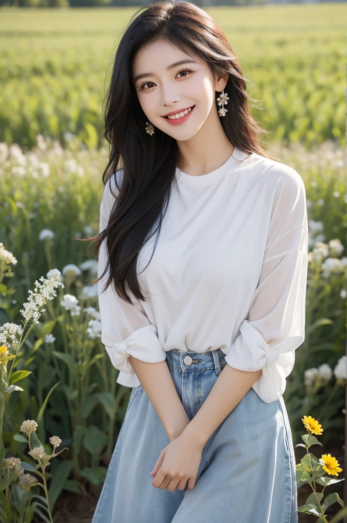 Lady smiling brightly in the field,Simple and neat clothes,Black hair and black eyes,Perfect face,