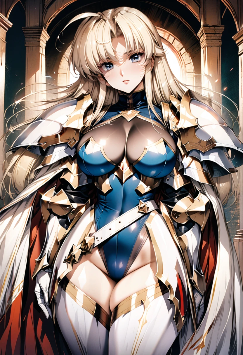 ((highest quality)), ((masterpiece)), ((hyperrealistic)), (detailed background), 1girl, ((curvy: 1.2)), perfect face, Langrisser, ((lamé lamé blue leotard: 1.5)), ((catsuit)), ((black paladin armor: 1.3)), ((long skirt)), (cloak de cour), gauntlet, gloves, belt, silver straight hair, ahoge, parted bangs, (huge breasts), (see-through cleavage cutout), (zettai ryouiki armored thigh high boots), (pantyhose thigh), beautiful eyes, Perfect hands, perfect fingers,