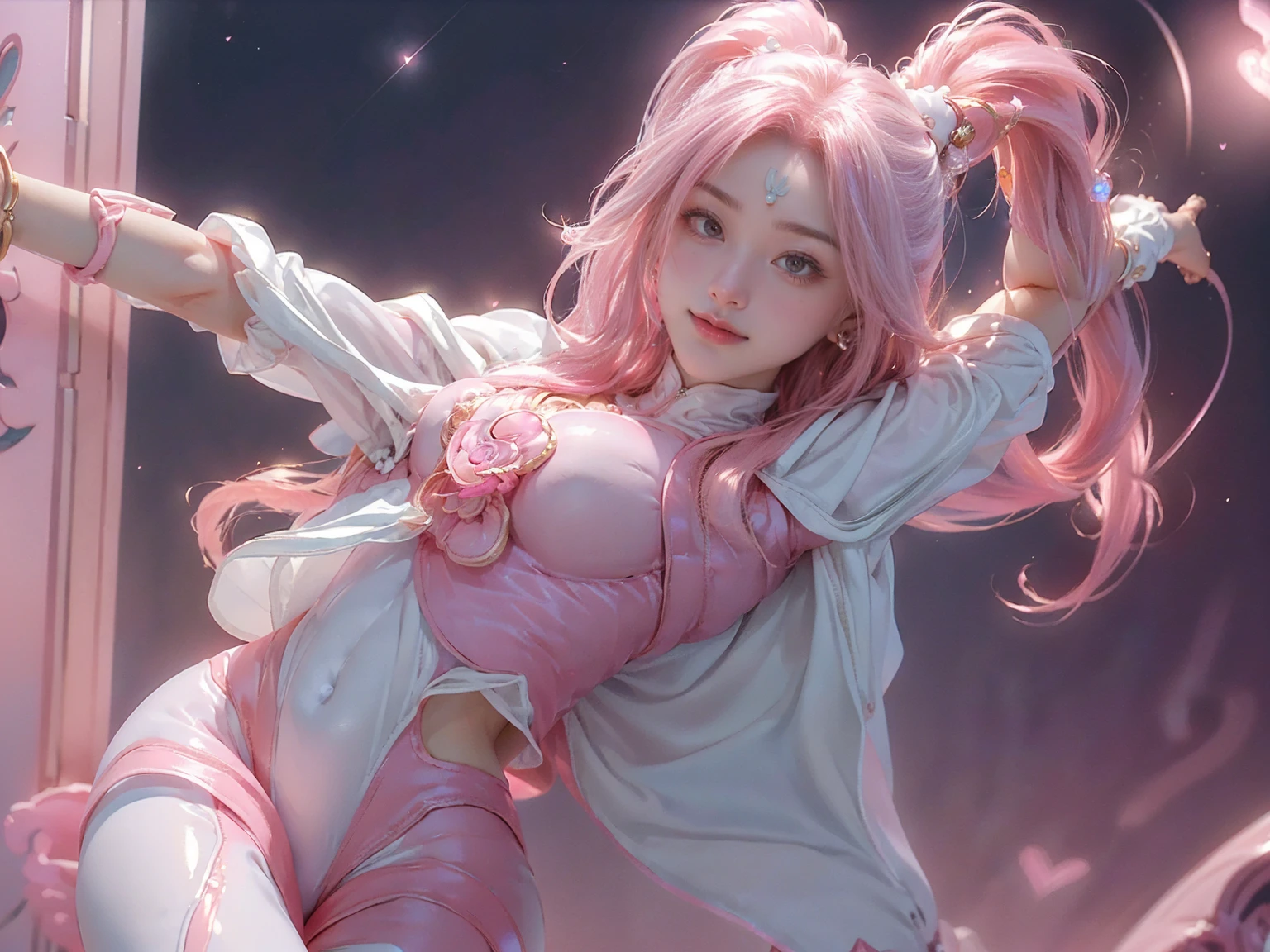 masterpiece、detailed、16K、shiny skin、1girl、(magical girl flying in the night sky)、(Wearing a white and pink rider suit:1.5)、Are standing、big breasts、BIG ASS、(focus on chest)、pink long blonde、ponytail、brown eyes、(Highly detailed eyes and face)、Accurately drawn face、(intricate pink and white zentai、Golden hairpin、vivid contrasting colors、intricately designed details:1.2)、(best ratio　1 thumb、Refers to 4 books:1.3)、(heart shaped pink effect:1.5)、(dynamic pose)、(Ghost Smile)、(open your arms:1.5)、(Sparks dance in the night sky:1.3)、(view from below)、full figure