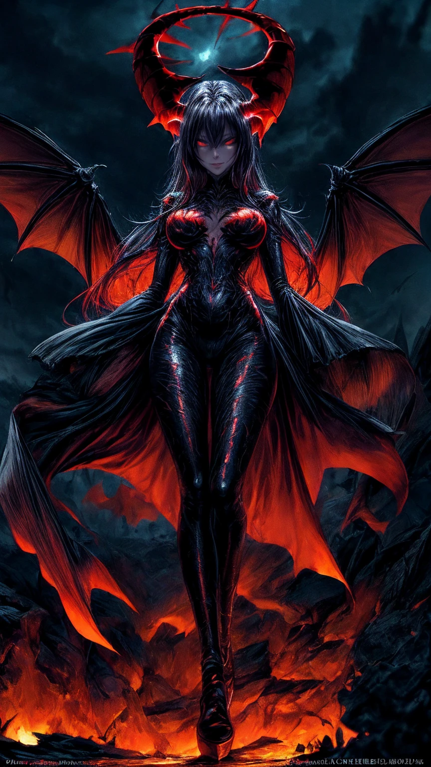 Storyboard, masterpiece, highest quality, dragonlady queen, perfect demoness, long legs, hourglass fugure, bright red glowing eyes, detailed eyes (1.4), scars on face, villainous expression, flaming skin body with bioluminescent glowing pattern, ready for battle, blurred stormy background, dark atmosphere, lighting in background,full body,