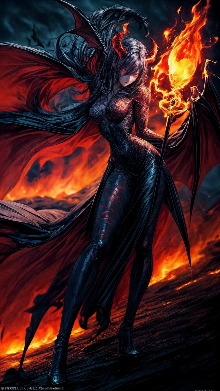 Storyboard, masterpiece, highest quality, dragonlady queen, perfect demoness, long legs, hourglass fugure, bright red glowing eyes, detailed eyes (1.4), scars on face, villainous expression, flaming skin body with bioluminescent glowing pattern, ready for battle, blurred stormy background, dark atmosphere, lighting in background,full body,
