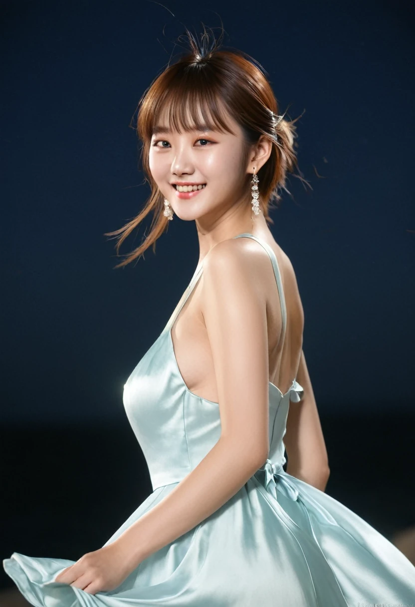 (8k、RAW Photos、Highest quality、Masterpiece: 1.2)Highest quality, masterpiece, Ultra High Resolution High Resolution 1 Girl, Very bright backlight, alone, {Beautiful and detailed}, Large Breasts, Dazzling moonlight, Calm expression, Natural and soft light, Windblown Hair, Delicate facial features, Blunt bangs, Beautiful Korean Girl, Smile eyes, Very small earrings,(Wearing a satin dress:1.3),(Looking back from the back:1.3) ,23 years old, Film Grain, Real Hands,A shy smile,Sexy pose,