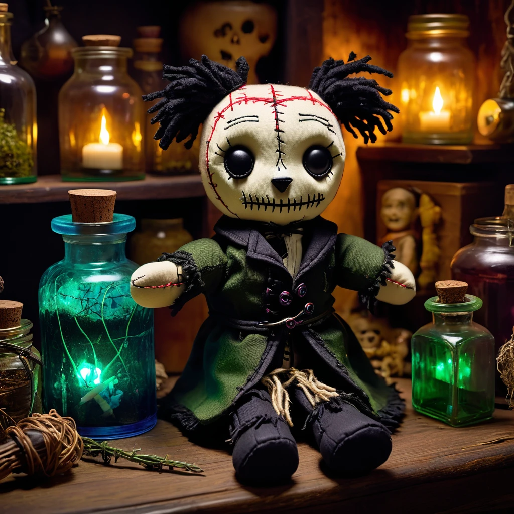 (knitted toy voodoo doll:1.7), (Voodoo Badger Apothecary:1.3), (Clothing: tattered apothecary coat with dark patterns:1.0), (Accessories: enchanted potion bottles, glowing sinister herbs:1.2), (background: haunted apothecary shop with floating, glowing spectral jars and eerie light:1.2), best quality, masterpiece, detailed soft oil painting, detailed background, dramatic cinematic lighting, soft edge lighting, professional, dramatic lighting, hard edge lighting, ultra quality, 4k, masterpiece, best quality, 8k, ultra high definition, high resolution, extremely detailed