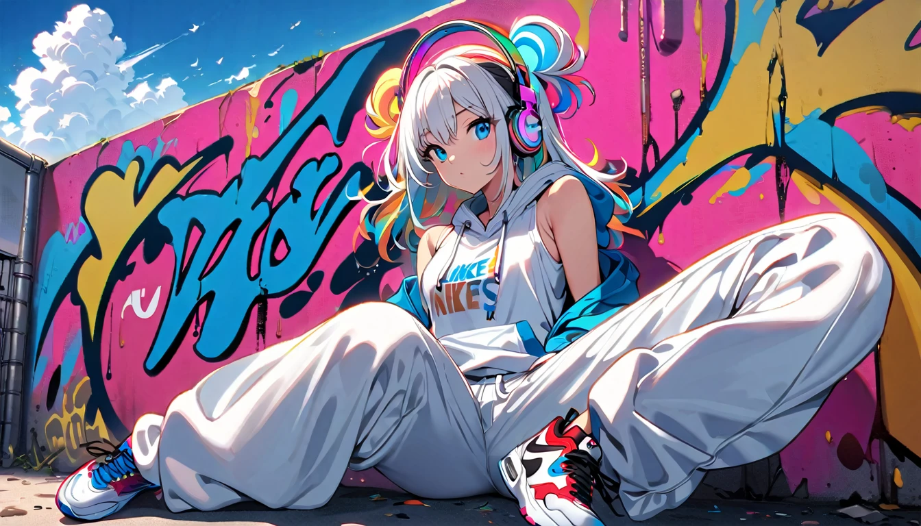 HD 8k Handsome sexy cute, Solitary, 1 female, Medium Length Hair, white hair, Rainbow hair, blue Eyes, Rainbow headphone, hoodie, colored hoodie, White Trucker Hat, hip-hop style big white tank top  white big pants, NIKE is sneakers, Human focus, outdoor, blue sky, White clouds, graffiti Popularity spray art wall,
