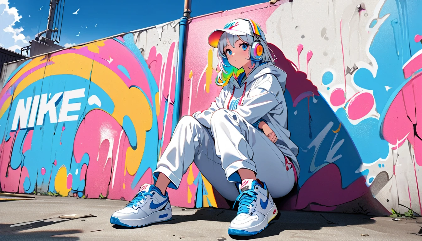 HD 8k Handsome sexy cute, Solitary, 1 female, Medium Length Hair, white hair, Rainbow hair, blue Eyes, Rainbow headphone, hoodie, colored hoodie, White Trucker Hat, hip-hop style big white tank top white big pants, NIKE is sneakers, Human focus, outdoor, blue sky, White clouds, graffiti Popularity spray art wall,
