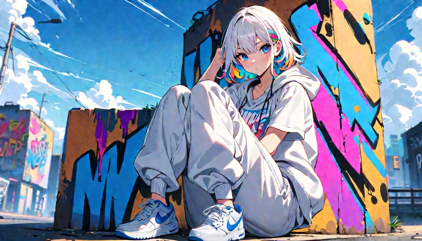 HD 8k Handsome sexy cute, Solitary, 1 female, Medium Length Hair, white hair, Rainbow hair, blue Eyes, Rainbow headphone, hoodie, colored hoodie, White Trucker Hat, hip-hop style big white tank top white big pants, NIKE is sneakers, Human focus, outdoor, blue sky, White clouds, graffiti Popularity spray art wall,