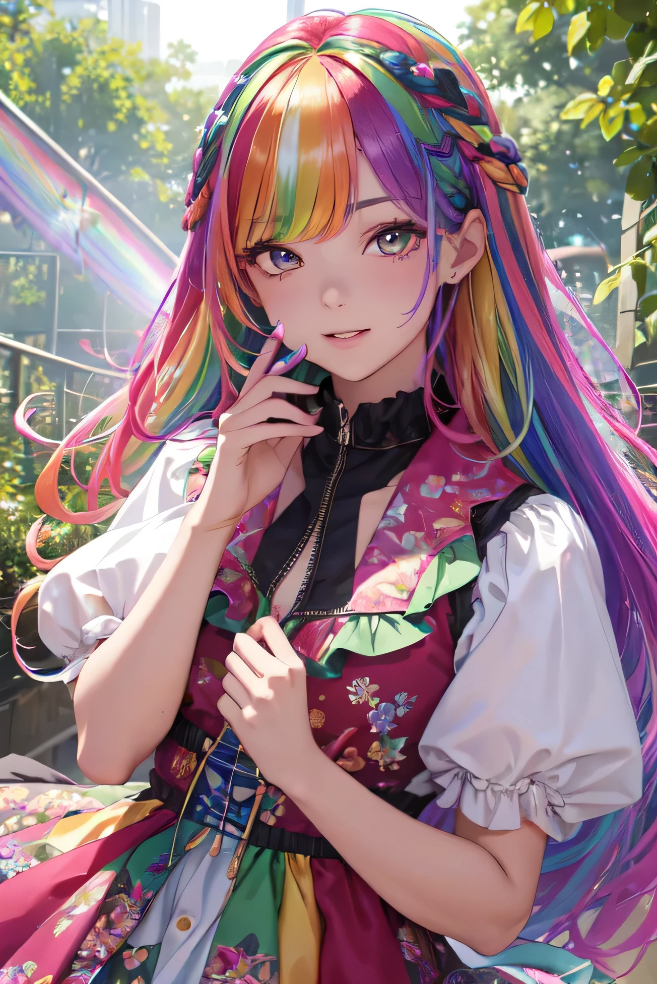 (In 8K, Highest quality, Flying debris:1.3)、Ultra-high resolution,1 female, 16 years old、Highly detailed face,fine grain,Open your mouth,Laughter,((Rainbow Hair)),Asymmetrical bangs,Twin Blade,break,((Floral Dress)),Frilled Skirt,break,(Rainbow Light:1.4),alone,botanical garden