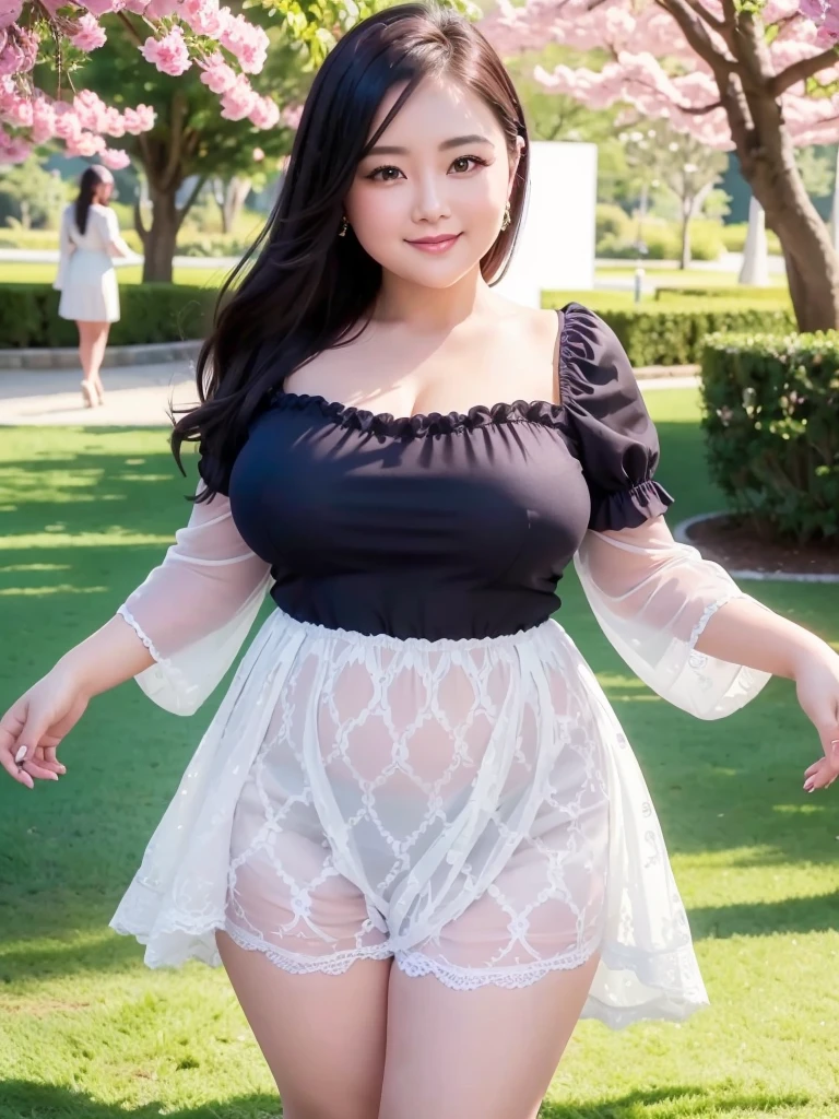 A beautiful and hot almost chubby mature woman.who is wearing a patterned short dress and is and standing in the park. A smiling face、sexy woman、A radiant smile、adorable、race、Frills、Colorful design、Full-length mirror、An inviting gaze、Gorgeous long and beautiful hairstyle、variation Hairstyle、Open neck blouse、Flower Garden、Sparkling、Elegant Princess