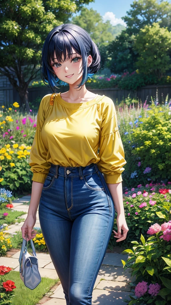 Anime, lena in yellow shirt and blue jeans smiling in garden, Anime Style, high definition, highly detailed, ultra detailed, bright and joyful colors, epic, vibrant colors