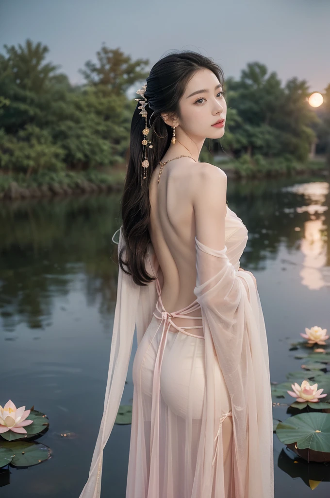 (((best quality))),(((ultra detailed))),(((masterpiece))),illustration,((1 beautiful young  girl,solo)),((slim,thin)),(shoulder length straight hair:1.2),((earrings,necklace)),((bare back,towering hips,butt crack,shoulder off)),(see through traditional pink sheer Hanfu dress:1.3),(beside the lotus pond full of lotus flowers:1.3), serene moonlight, ethereal,floral pattern, water movement, billowing fabric, tranquil, moon reflection, petals, fireflies, magical, light,warm light, dreams, invitation, standing, gazing, reflection, inner thoughts, emotional, sweet scent, natural beauty, solitude, hypnotic lull, eternal summer, (night scene:1.3), natural world, human spirit, celebration, backdrop, water, glow,((from back,upper body))