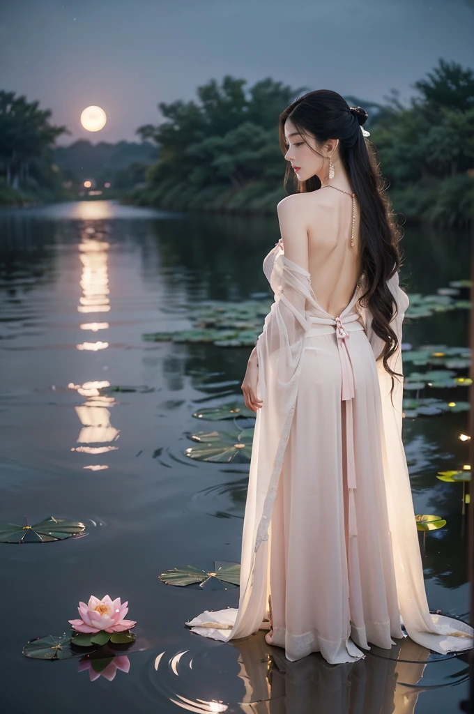 (((best quality))),(((ultra detailed))),(((masterpiece))),illustration,((1 beautiful young girl,solo)),((slim,thin)),(shoulder length straight hair:1.2),((earrings,necklace)),((bare back,towering hips,butt crack,shoulder off)),(see through traditional pink sheer Hanfu dress:1.3),(beside the lotus pond full of lotus flowers:1.3), serene moonlight, ethereal,floral pattern, water movement, billowing fabric, tranquil, moon reflection, petals, fireflies, magical, light,warm light, dreams, invitation, standing, gazing, reflection, inner thoughts, emotional, sweet scent, natural beauty, solitude, hypnotic lull, eternal summer, (night scene:1.3), natural world, human spirit, celebration, backdrop, water, glow,((from back,upper body))