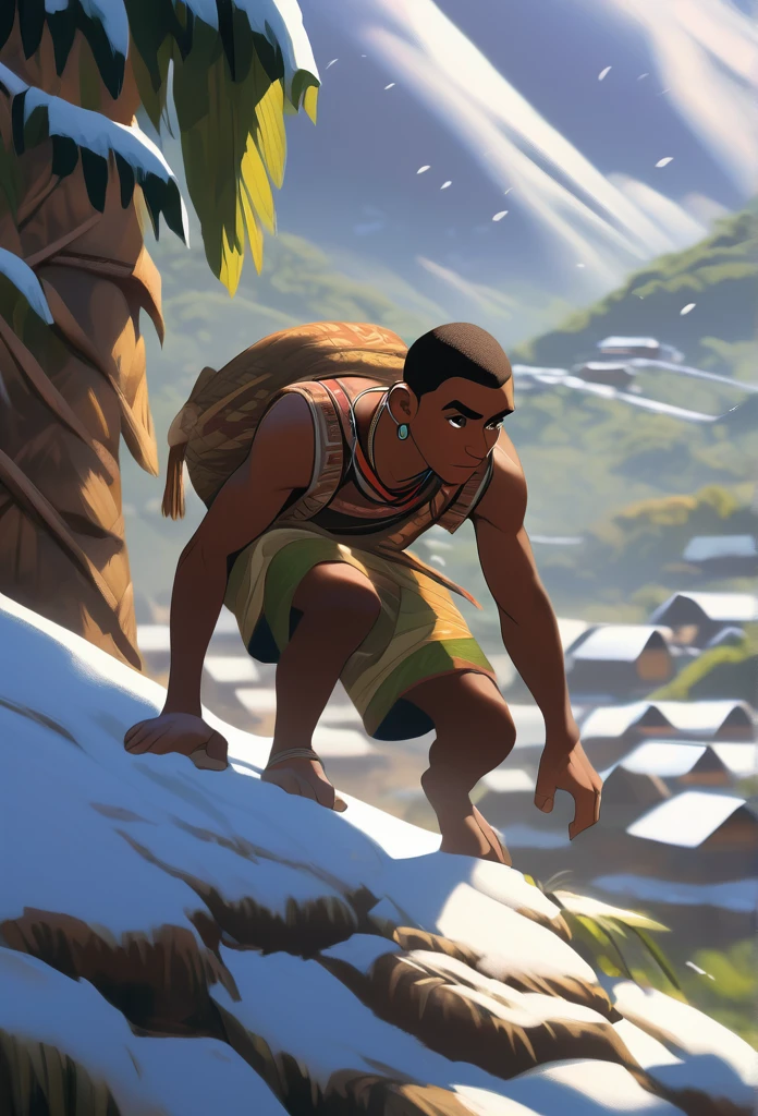 Ultra Realistic, Highly Defined Details, Jungle Tribal Village In The Foreground, Shadowy Distant Back Drop, Rainforest Sensory, Mellow Color Shading Capturing the Mode, Young Adult African Male Villager, Bent Over, Climbing With Hands, Snowy Mountain Peaks, Windy Snow, On Hands and Knees Climbing
