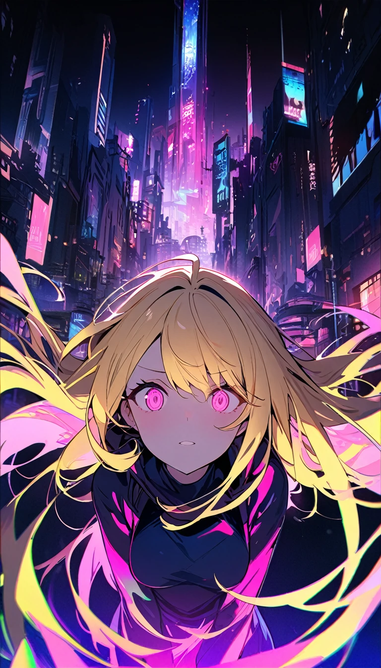 (masterpiece), best quality, expressive eyes, perfect face, dark siloet, city, 1girl, glowing colours, yellow hair, long hair, pink eyes