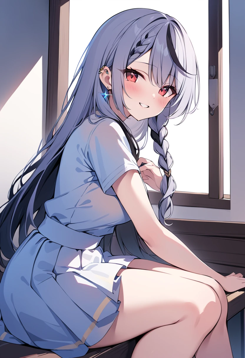 Seraphim, skirt,View your viewers,sitting on the window sill,One girl ,Red eyes, , Multicolored Hair, Grey Hair, Striped Hair, hair ornaments, smile, Black Hair, Clothing cutouts, Earrings, Braiding, tooth,Long Hair,masterpiece, High resolution, Octance 4K, Attention to detail