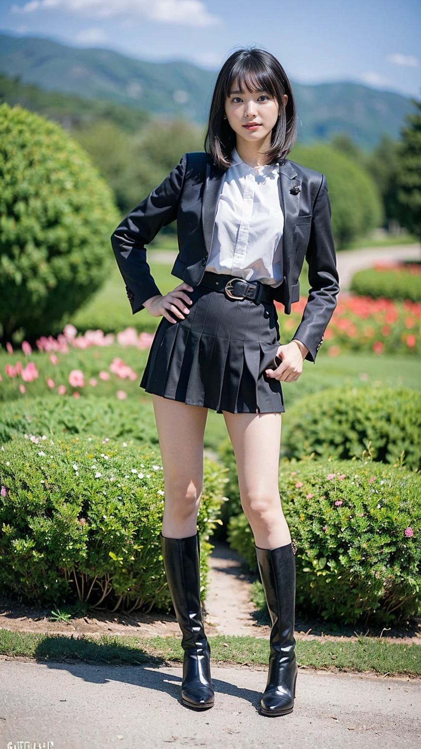 (8k、RAW Photos、Highest quality、masterpiece:1.2)、(Realistic、Realistic)、1 Girl、((suit、Black Mini Skirt、Medium Hair、boots、garden、View from the front、Looking at the camera、belt、Hands on your hips))、cute