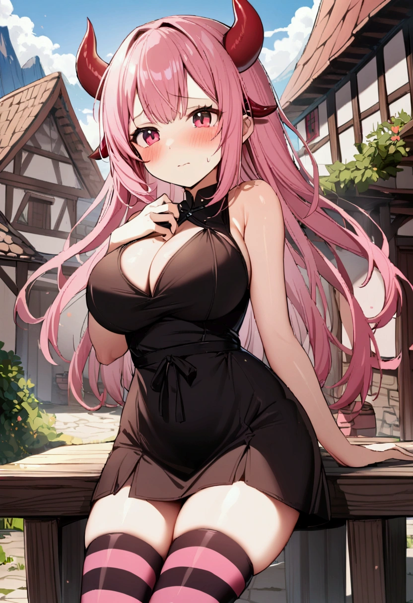 1girl with long pink hair, violet red eyes, two small horns on head, short black dress, big breasts, striped stockings, shy face, village