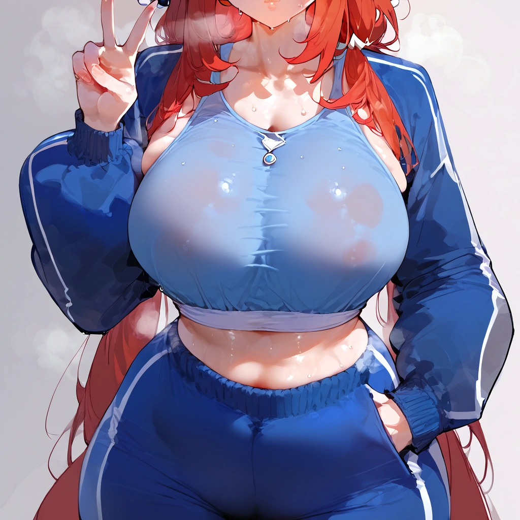 score_9, score_8_up, score_7_up, score_6_up, score_5_up, score_4_up, 1girl, nilou (genshin_impact), genshin_impact, red hair, large breasts, collarbone, breasts focus, floox style, \\\\\ jacket,, open clothes, blue jacket, blue track suit,, sportswear, standing, track jacket, blue track pants, track suit, \\\\\ steam, steaming body, sweat,, rating_explicit, high resolution, deep breath, head out of frame, grey background, solo, wet tank top, V, long hair,