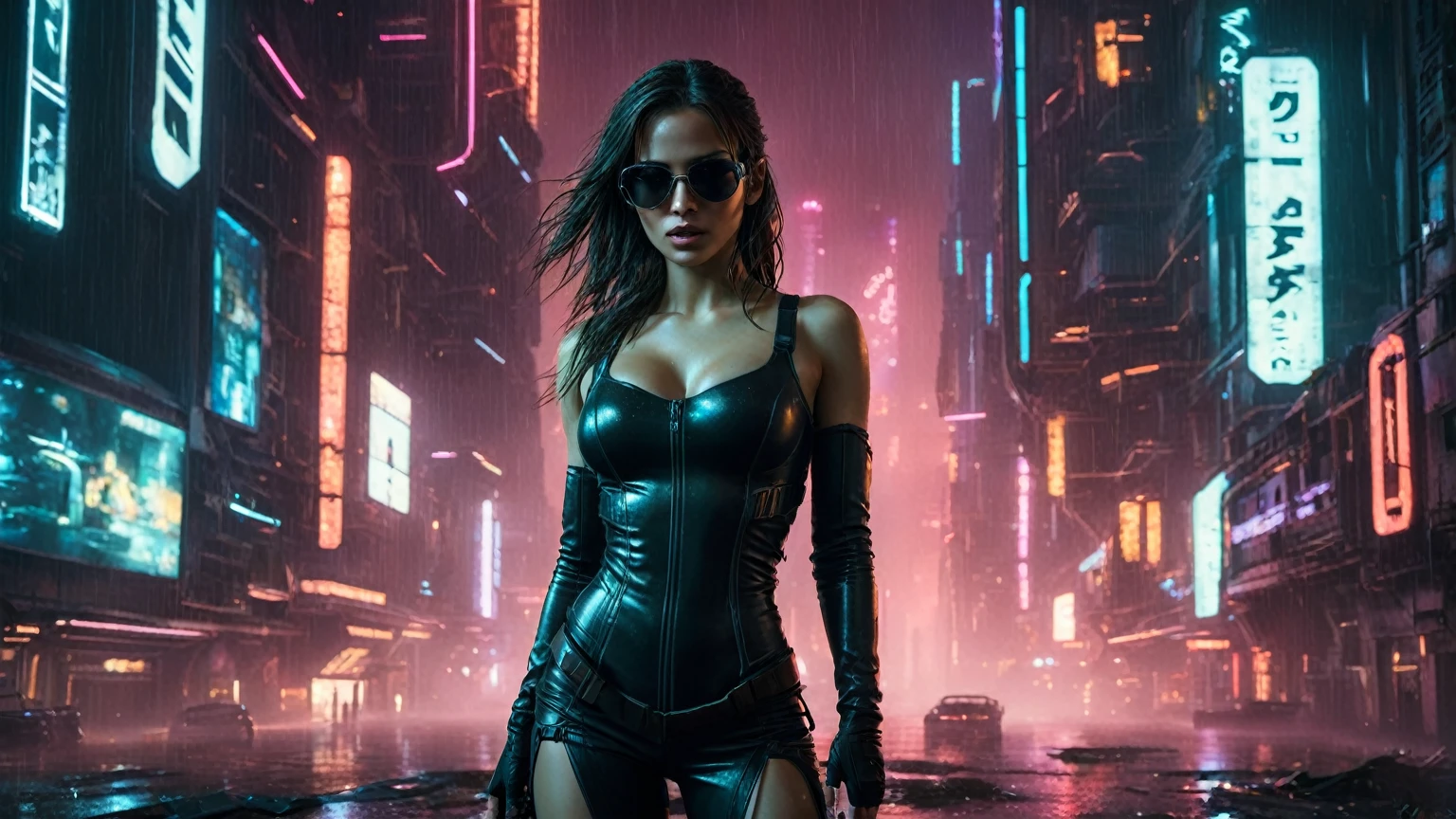 (aerial view, a flying cars docking platform, a very dark abandoned futuristic city, neon lights), rainy night. A girl as Lara Croft, solo, alone, large-breast:1.2 slim body, cleavage:1.1, sexy wind blowing wet dress:1.4, (headphone, black sunglasses), (((((she raised:1.8 a pistol:1.8 and took aim at viewer))))), dynamic pose, (((half-body thigh level medium shot))), cinematic lighting, lens flare, ray tracing.