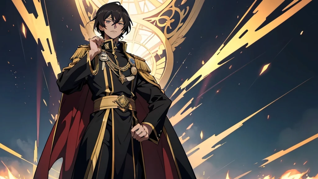 A regal and commanding Lelouch vi Britannia standing tall in a portrait-style anime art, his penetrating gaze exuding confidence and determination as he delivers his final speech to the world after achieving ultimate victory.
