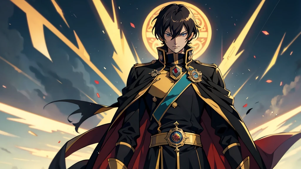 A regal and commanding Lelouch vi Britannia standing tall in a portrait-style anime art, his penetrating gaze exuding confidence and determination as he delivers his final speech to the world after achieving ultimate victory.
