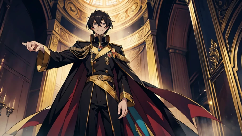 A regal and commanding Lelouch vi Britannia standing tall in a portrait-style anime art, his penetrating gaze exuding confidence and determination as he delivers his final speech to the world after achieving ultimate victory.