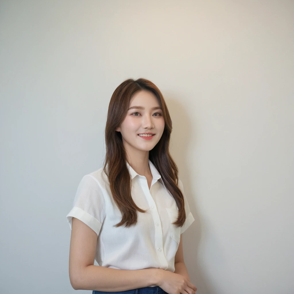 Best Quality, 8k, Masterpiece, (Portrait: 1.3), (photo realistic:1.4), (hyper realistic:1.4), Sharp Focus, looking at viewer, (smoother lighting:1.1), (increase cinematic lighting quality:0.9), realistic lighting, backlighting, light on face, ray trace, (brightening light:1.2), (Increase quality:1.4), sharp detail, (best quality real texture skin:1.4), finely detailed eyes, black_eyes, finely detailed face, 25 year old Korean woman, (white formal_shirt:1.4), (Create an image maintaining the original base model hairstyle:1.5),smiling_face
