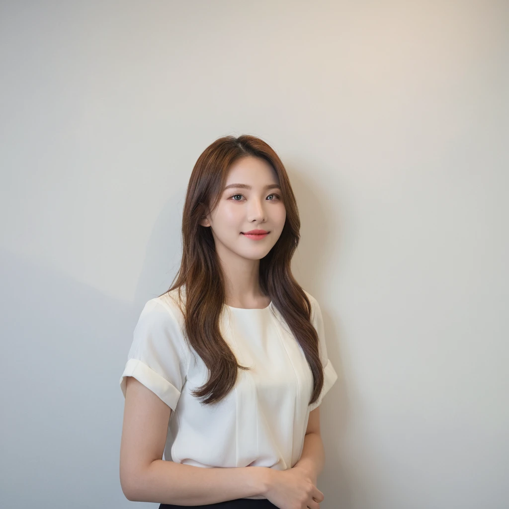Best Quality, 8k, Masterpiece, (Portrait: 1.3), (photo realistic:1.4), (hyper realistic:1.4), Sharp Focus, looking at viewer, (smoother lighting:1.1), (increase cinematic lighting quality:0.9), realistic lighting, backlighting, light on face, ray trace, (brightening light:1.2), (Increase quality:1.4), sharp detail, (best quality real texture skin:1.4), finely detailed eyes, black_eyes, finely detailed face, 25 year old Korean woman, (white formal_shirt:1.4), (Create an image maintaining the original base model hairstyle:1.5),smiling_face