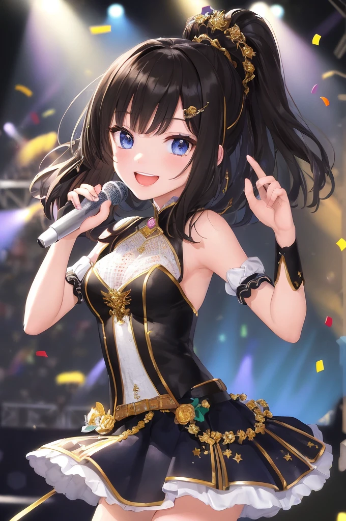 ((masterpiece:1.4, best quality)), ((masterpiece, best quality)), (magnificent panorama view:1.3), (detailed face:1.3),  face, Cute , 1girl, solo, medium hair, black hair, ordinary idol costume, An idol who dances on stage, live stage, music festival, cute  holding a hand microphone to her mouth, (spotlight:1.5), light stick, sky blue eyes, smile, happy, yell, wide shot, perspiration, fine confetti,