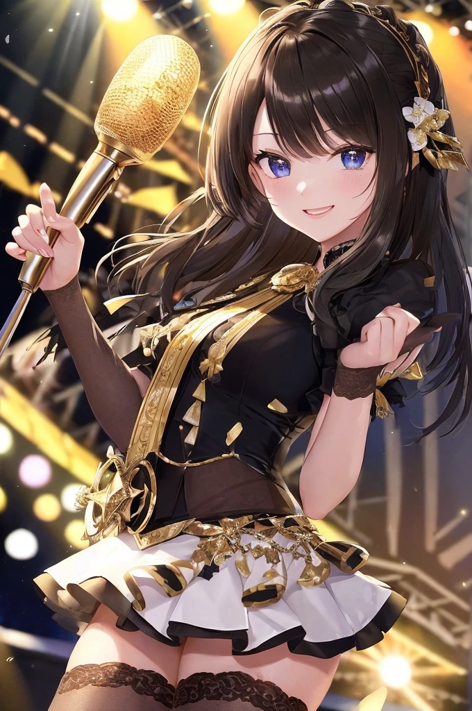 ((masterpiece:1.4, best quality)), ((masterpiece, best quality)), (magnificent panorama view:1.3), (detailed face:1.3), face, Cute , 1girl, solo, medium hair, black hair, ordinary idol costume, An idol who dances on stage, live stage, music festival, cute holding a hand microphone to her mouth, (spotlight:1.5), light stick, sky blue eyes, smile, happy, yell, wide shot, perspiration, fine confetti,